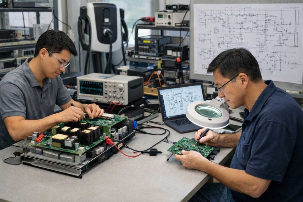 Electrical and hardware engineering for EV chargers including power modules and PCBAs