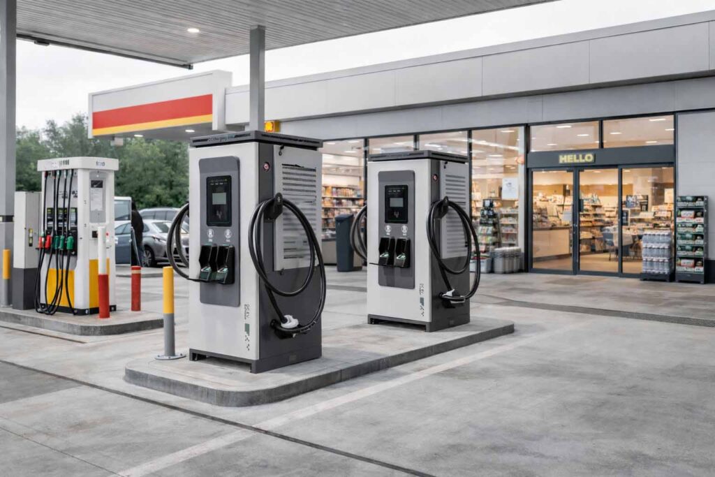 EV charging systems integrated with petrol stations featuring convenience retail