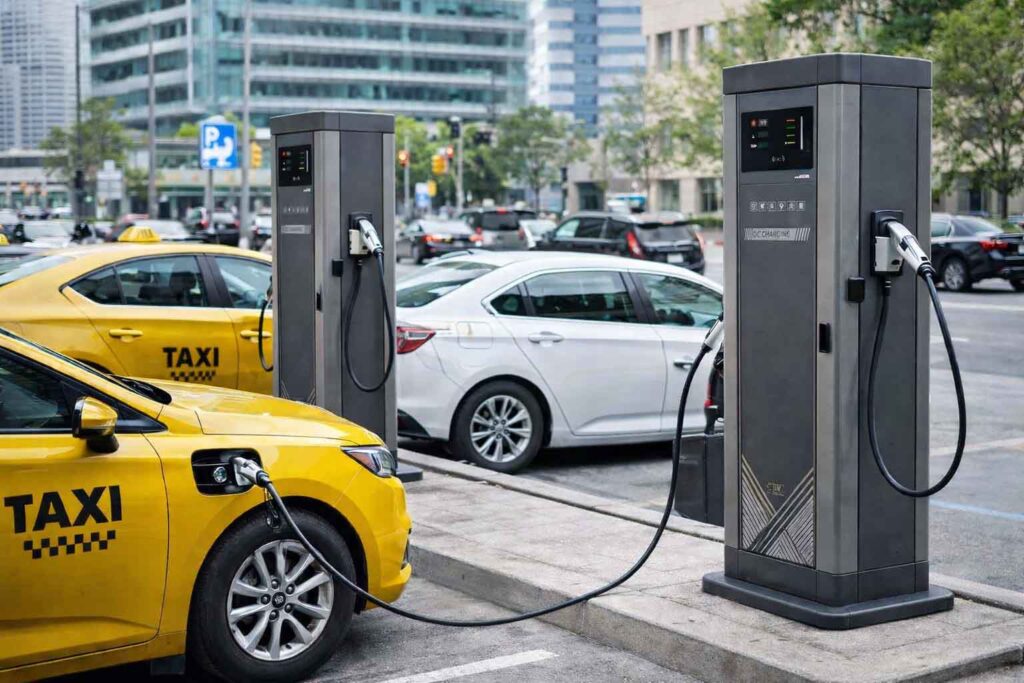 EV charging infrastructure deployed for taxi and ride-hailing fleets with scheduled shift returns