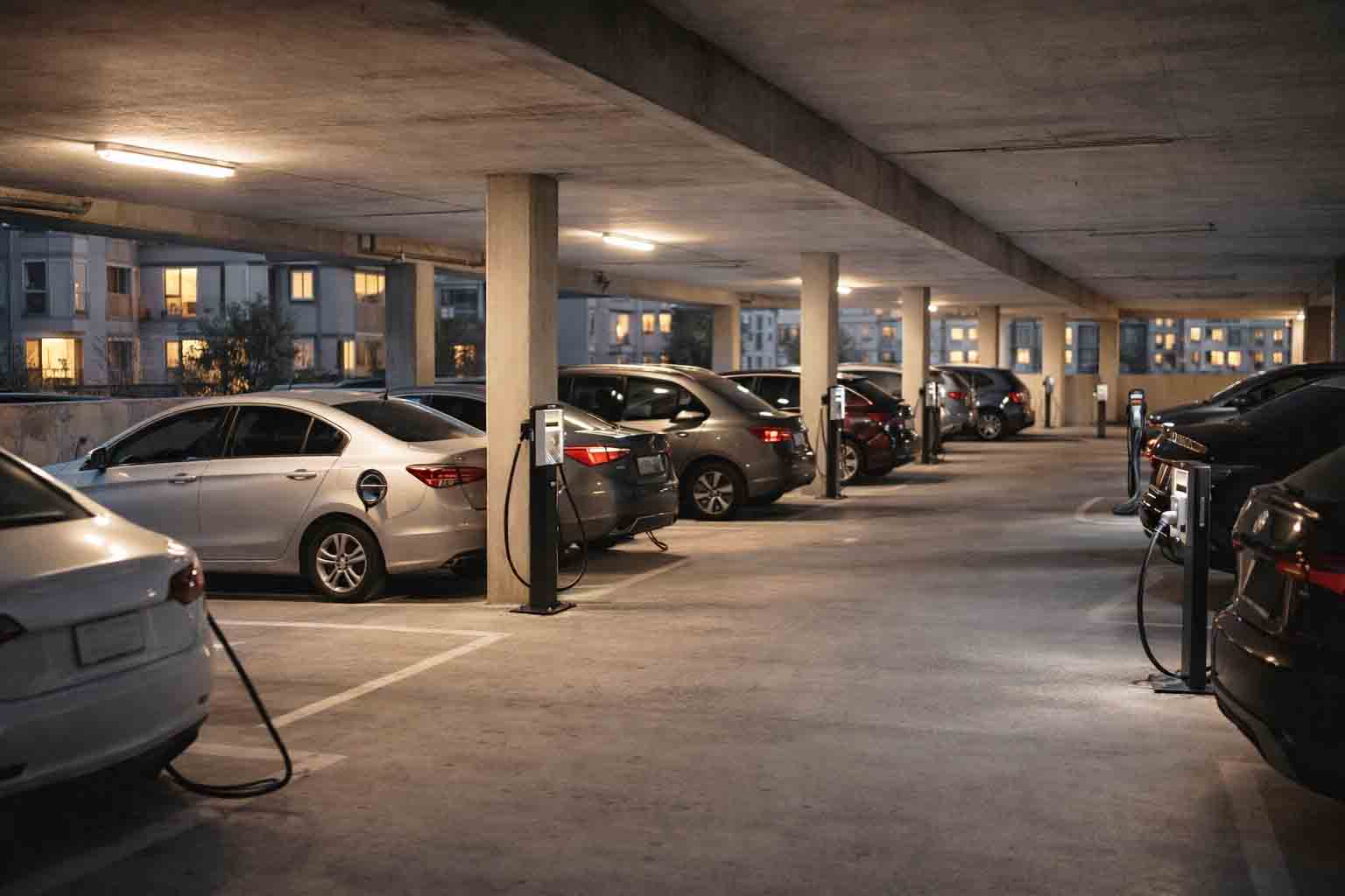 Electric vehicles charging in an apartment residential parking area overnight
