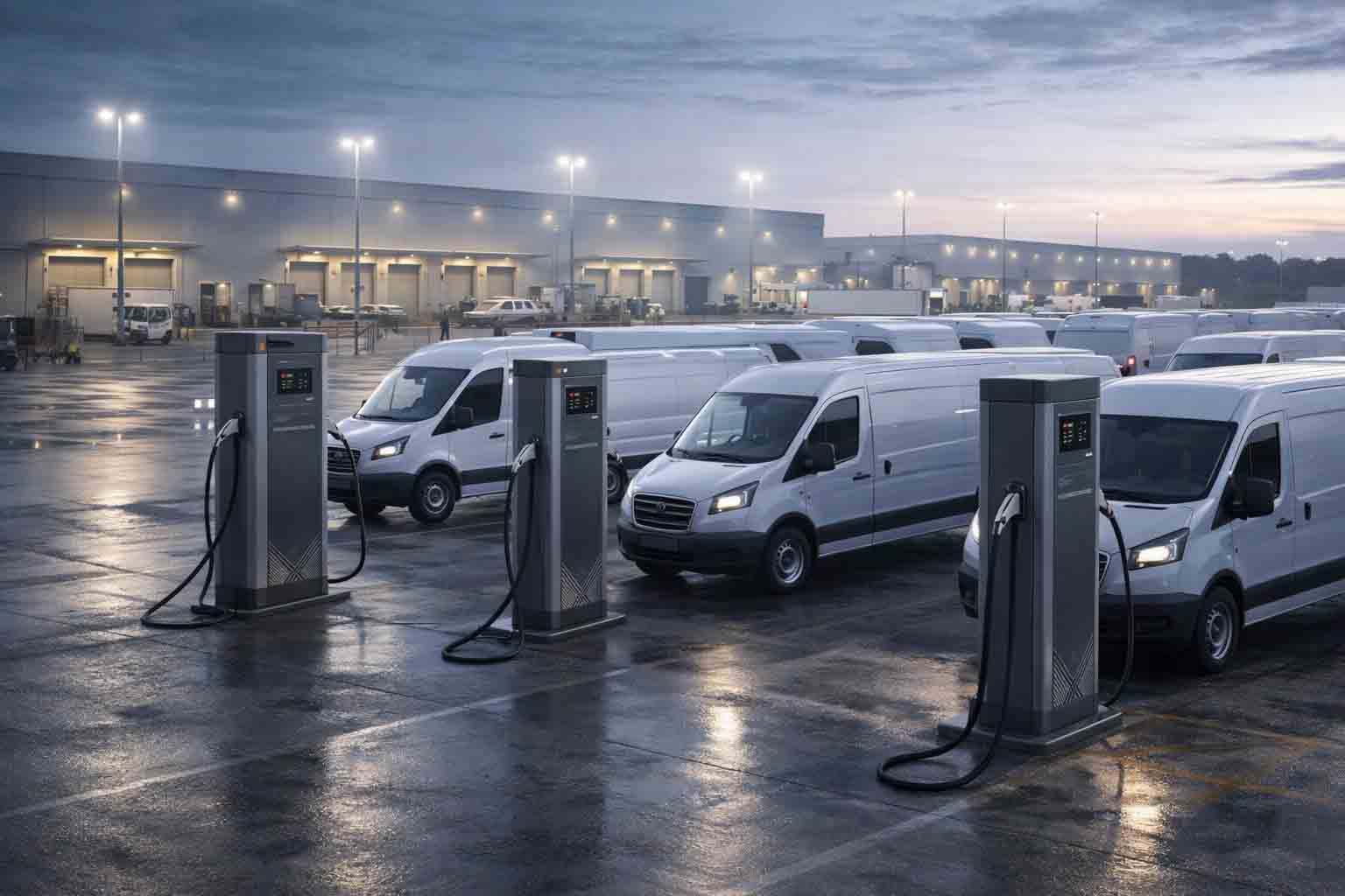 Electric delivery fleet vehicles charging at a logistics depot yard