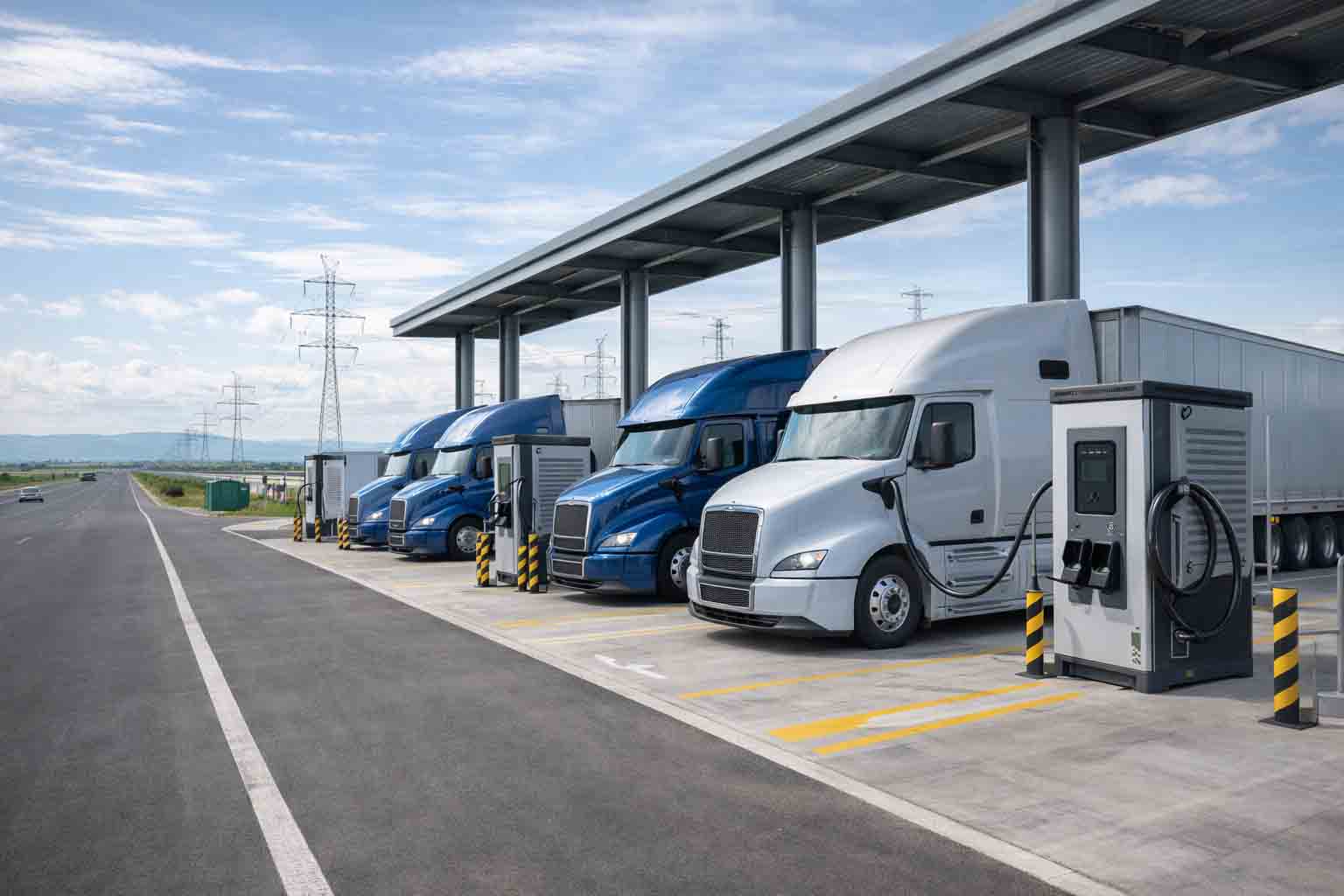 Heavy-duty electric trucks charging at a highway charging station