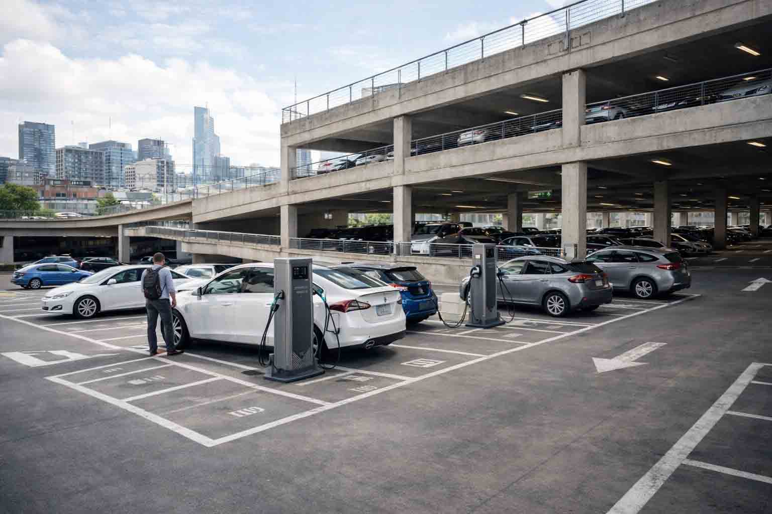 Electric vehicles charging in a public parking garage with shared access