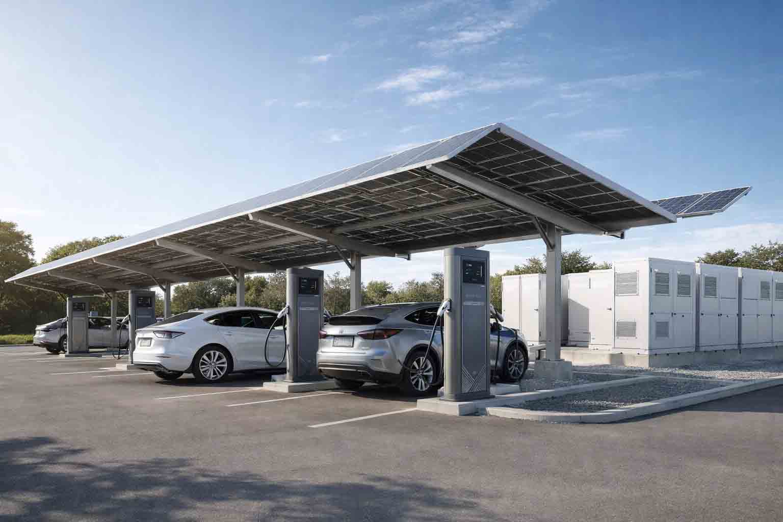 Electric vehicles charging under solar canopies at a solar integrated charging site