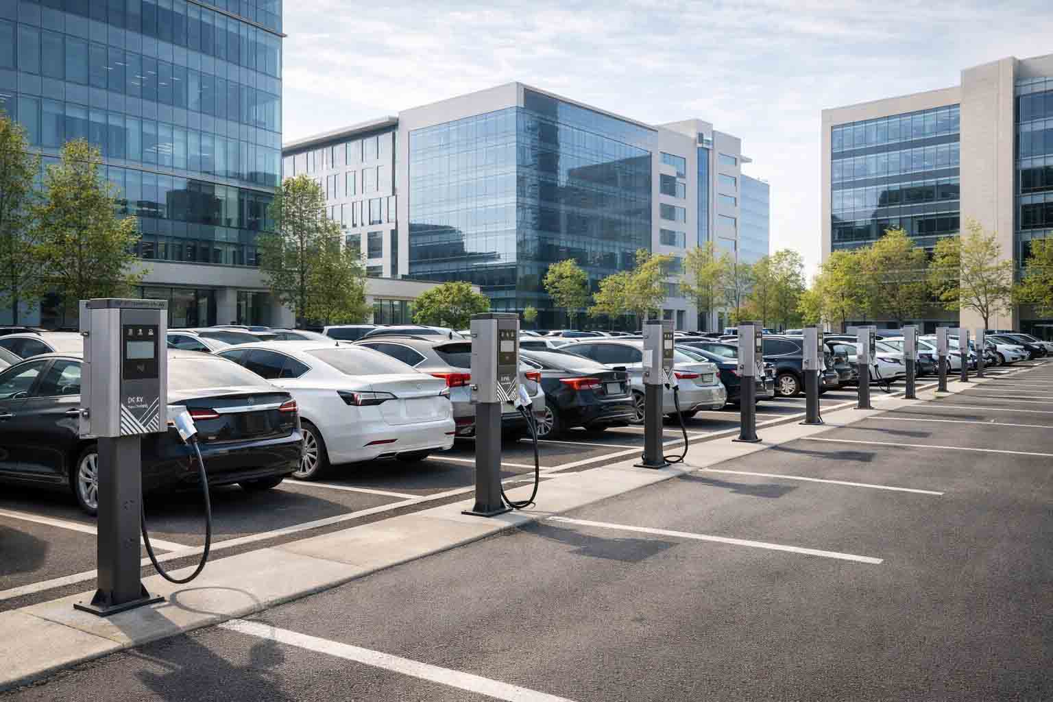 Employees charging electric vehicles in an office workplace parking lot